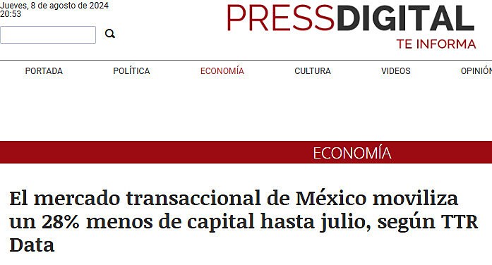 El mercado transaccional de Mxico moviliza un 28% menos de capital hasta julio, segn TTR Data